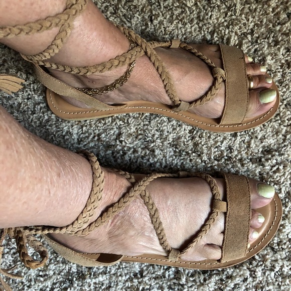 ASOS gladiator beige sandals suede leather laces tied up tan braided ties - Picture 2 of 10